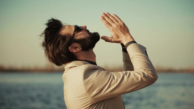 God Belief And Faith Religious Theme. Man Feeling Blessed