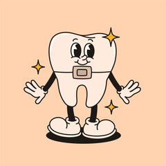 Groovy tooth with braces character. Flat vector illustration.