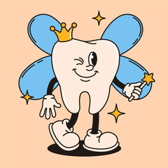 Groovy tooth fairy character. Flat vector illustration.