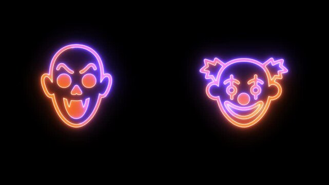 Lit Halloween vampire and clown faces with orange and purple neon glow, on alpha channel transparency