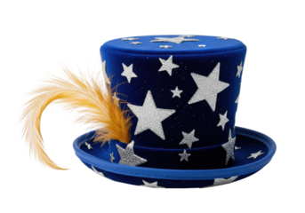 Blue velvet top hat with silver stars and feather isolated PNG, magician costume accessory for party and performance on transparent background