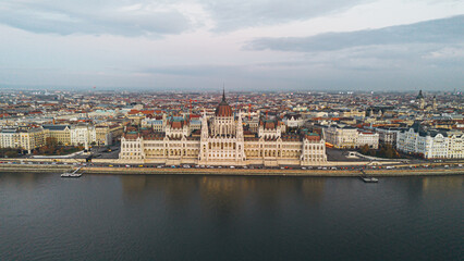 Budapest Parliament Building over Danube River. Aerial view, Hungary.