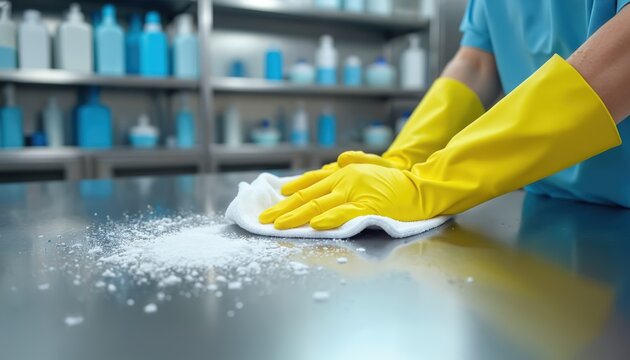 Worker cleans stainless steel surface with gloves, cloth. Professional hygiene practices are demonstrated in bright industrial setting. Maintaining cleanliness is crucial for food safety, health.