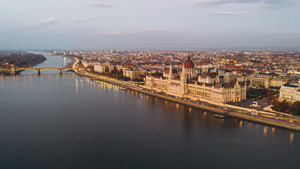Fototapeta premium Aerial view of Budapest with the Parliament at dusk.