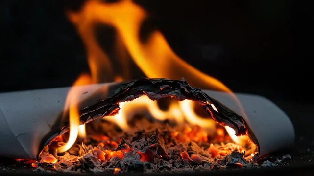 Burning paper edge close up, glowing paper edges with fire, slow motion burning paper effect, horror transition background, vintage document destruction, film burn overlay, grunge intro