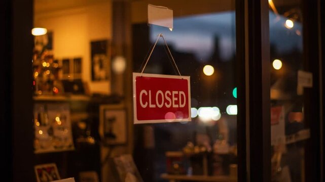 Closed sign hanging on store window, glowing closed sign at night, small business closed message, cafe storefront detail, lockdown restriction footage, empty street scene, economic crisis