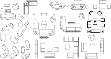 Vector line drawings of complex modular and curved sectional sofas, chairs, and tables in plan view, used for high-detail, flexible interior layouts. © Riki