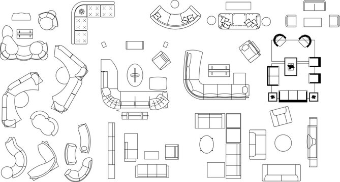 Vector line drawings of complex modular and curved sectional sofas, chairs, and tables in plan view, used for high-detail, flexible interior layouts.