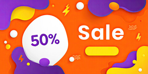 Vibrant graphic advertising a 50% sale, featuring bold colors and playful shapes to encourage consumer engagement.
