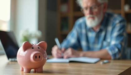 Elderly man with white beard uses laptop for accounting and finances. Pink piggy bank sits on desk next to notebook for savings and budget planning. He is writing in planner.