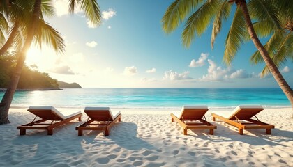 Four empty lounge chairs on a white sand beach with palm trees and turquoise ocean water. Bright sun shines on calm sea and clear blue sky with scattered clouds.