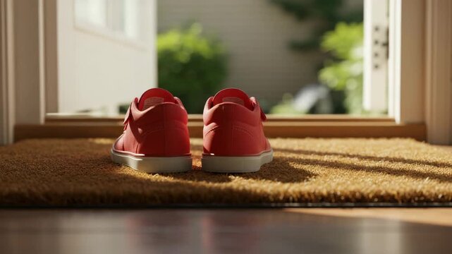 Children shoes on doorstep mat, kids shoes neatly placed by door, family home entrance detail, preschool shoes storage idea, daycare footwear scene, cozy childhood memory, home safety