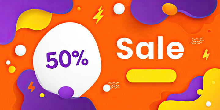 Vibrant graphic advertising a 50% sale, featuring bold colors and playful shapes to encourage consumer engagement.