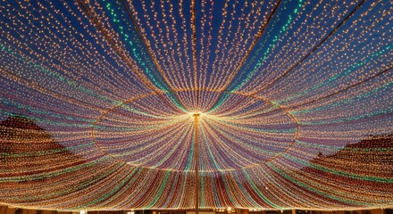 Magical canopy of glowing lights creates festive atmosphere perfect for holidays, celebrations, and enchanting events under the starry night sky