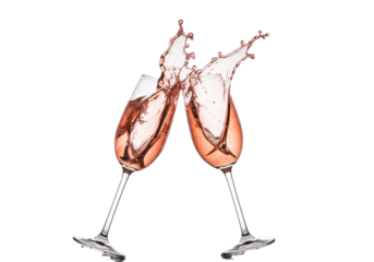 ultra-detailed macro of two elegant crystal flutes clinking mid-air, violent splash of pale pink rosé champagne frozen against a transparent studio background. concept for luxury commercial