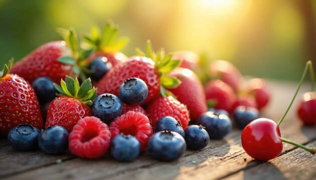 Assortment of fresh summer berries including strawberries, blueberries, raspberries, cherries on rustic wooden table. Berries ripe, juicy, colourful. Summer fruits scattered on wooden surface. Fresh