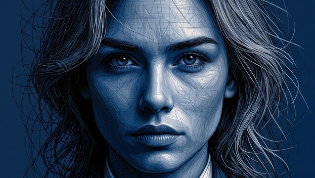 Stylized blue-toned digital portrait with detailed linework and expressive eyes. Ideal for creative projects, editorial design, album covers, posters, and modern visual art themes