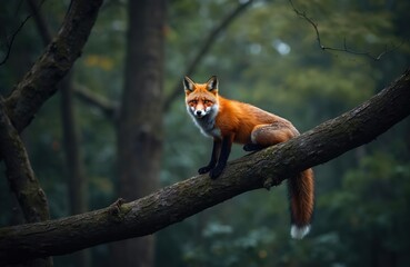 Obraz premium Red fox sits on tree branch in forest. Orange furred mammal looks alert. Dark woods create moody background. Wild animal perched high above ground.
