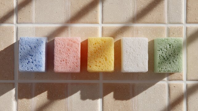 Pastel colored cleaning sponges on tiled bathroom surface colorful household cleaning supplies minimal hygiene background for home chores and product mockup