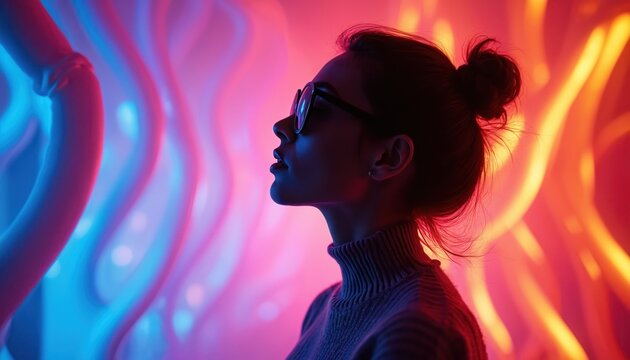 Woman in silhouette looks upwards. She wears glasses against colorful light waves. Artistic photo uses bright neon lighting. Modern creative art portrays human emotions. - Powered by Adobe