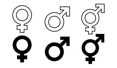 male and female gender symbols icons in outline and solid vector illustration.