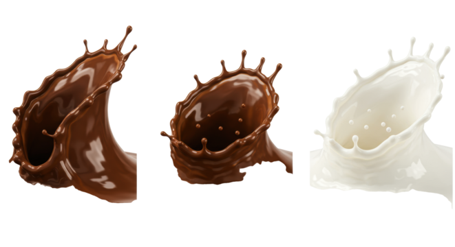 three dynamic, hyperrealistic cgi studies showing dark, viscous chocolate and white milk colliding in frozen splash crowns, isolated on a brilliant white background. concept for luxury beverage