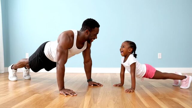 Happy african american father and daughter doing pushups together in a bright room at home
