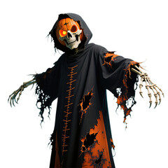 Skeletal figure in hooded cloak with glowing pumpkin head
