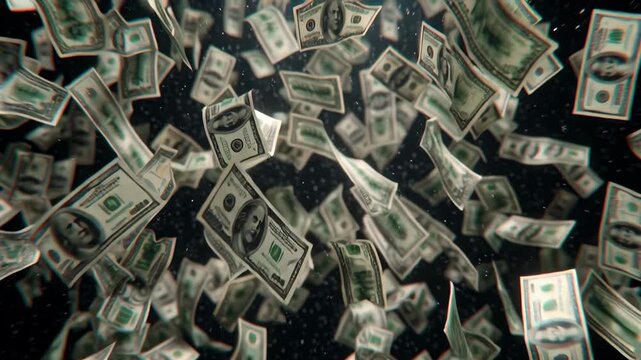 A dynamic cascade of United States one-hundred-dollar bills raining down against a dark, blurred background.