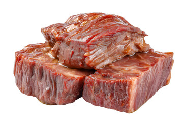 Succulent Beef Cubes A close-up shot of three tender beef cubes, meticulously prepared, showcasing the rich texture and tantalizing glaze, promising an exquisite culinary experience.