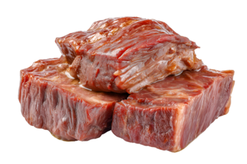 Succulent Beef Cubes A close-up shot of three tender beef cubes, meticulously prepared, showcasing the rich texture and tantalizing glaze, promising an exquisite culinary experience.