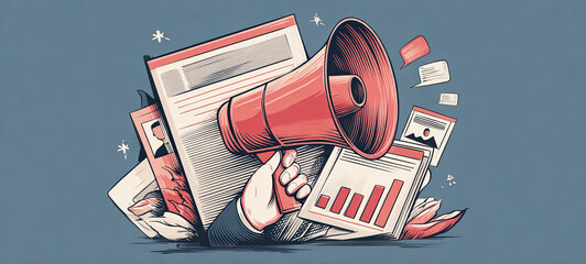 A vibrant illustration featuring a megaphone, newspapers, and charts, symbolizing communication and information dissemination.