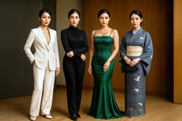 Four women posing in stylish outfits indoors against wood backdrop