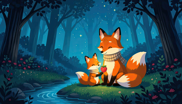 - Two foxes smiling sharing a strawberry in a moonlit forest