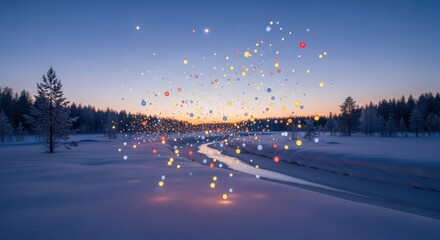 Enchanting winter wonderland with glowing orbs over snowy river at sunset, a magical landscape perfect for holiday promotions and serene nature themes