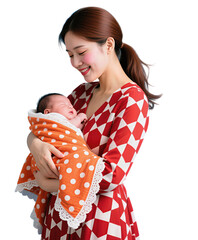 Smiling woman holding baby wrapped in orange blanket