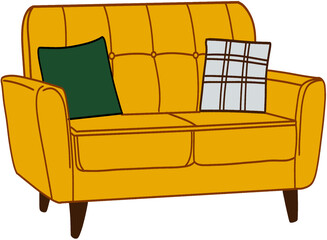 Cozy and Stylish Bright Yellow Sofa with Decorative Cushions in Modern Living Room Interior Illustration
