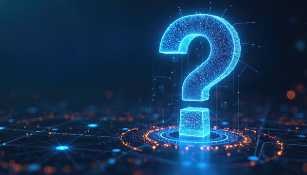 Digital wireframe question mark glows on dark tech background. Neon abstract symbol represents doubt confusion or quiz help. Futuristic query on a circuit board with glowing dots.