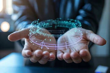Human hands holding a glowing digital network sphere representing advanced technology and global connectivity in a modern setting