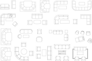 Vector line drawings of living room furniture in plan view: various sofas (modular, sectional), armchairs, and coffee tables for architectural layouts.