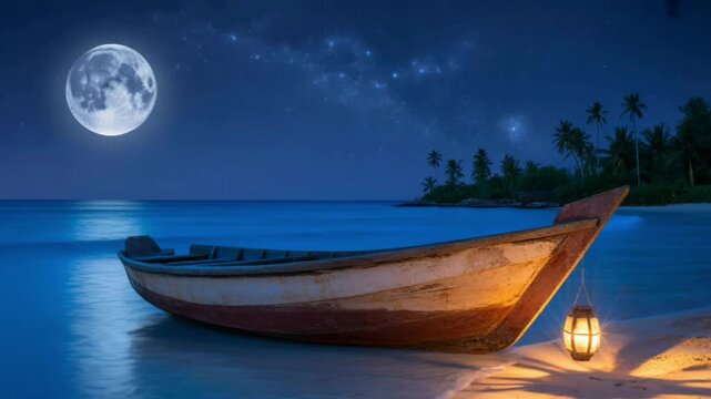 A lone wooden boat rests on a sandy beach under a full moon and starry night sky, with a lantern casting a warm glow