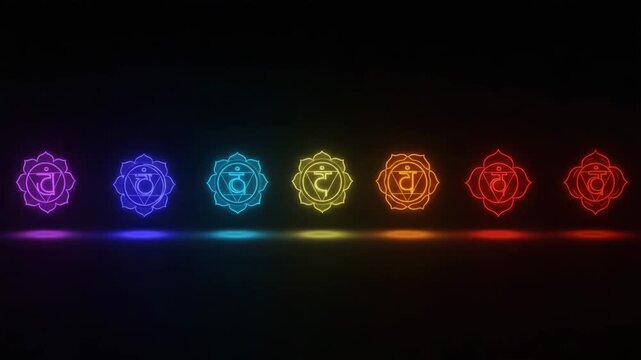 Chakra colors glowing over dark background in seamless animation loop, chakra energy symbols line, meditation yoga backdrop, spiritual healing theme, neon chakra energy background video
