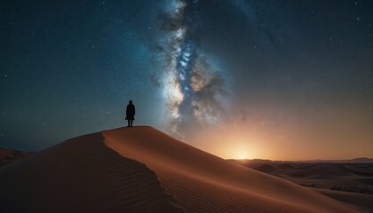 Obraz premium Abraham stands on desert sand dune watching starry night sky. Biblical prophet contemplates God promise about descendants as numerous as stars. Person observes Milky Way galaxy feeling solitude,