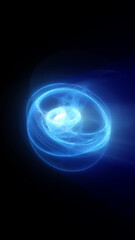 A futuristic, glowing blue swirl, resembling a vortex of energy or light, set against a dark, void-like background, evoking a sense of mystery and technology