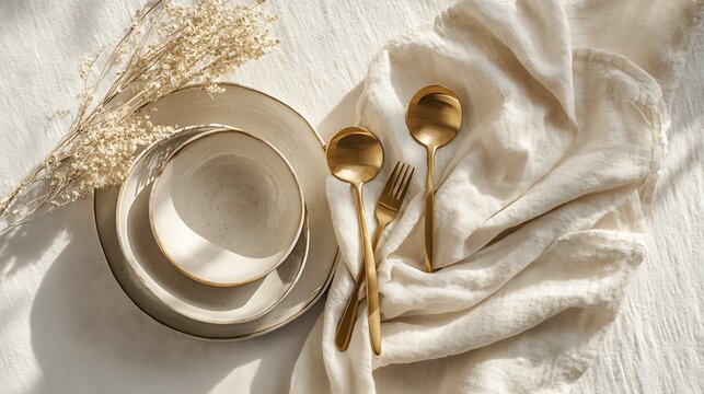 Modern flat lay with ceramic plates gold utensils and cream linen napkins