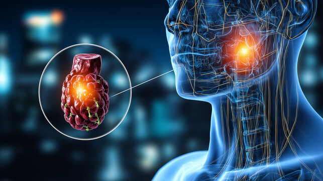 3D medical visualization of human throat anatomy with highlighted salivary gland, inflammation, disease, diagnosis, nerves, illustration, scientific background, glowing area, medicine, health