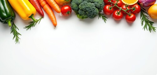Top view fresh vegetables and fruits on white backdrop. Colorful healthy food layout. Broccoli tomatoes orange onion rosemary carrot pepper create copy space.