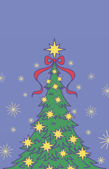 Christmas tree with stars and red bow on purple background. Season greetings illustration.