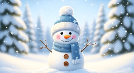 Cheerful snowman with blue hat and scarf in a snowy winter wonderland scene outdoors
