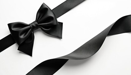 Black satin ribbon bow isolated on white background. Elegant bow with flowing ribbon for design. Shiny textile decor element for any occasion greeting card design
